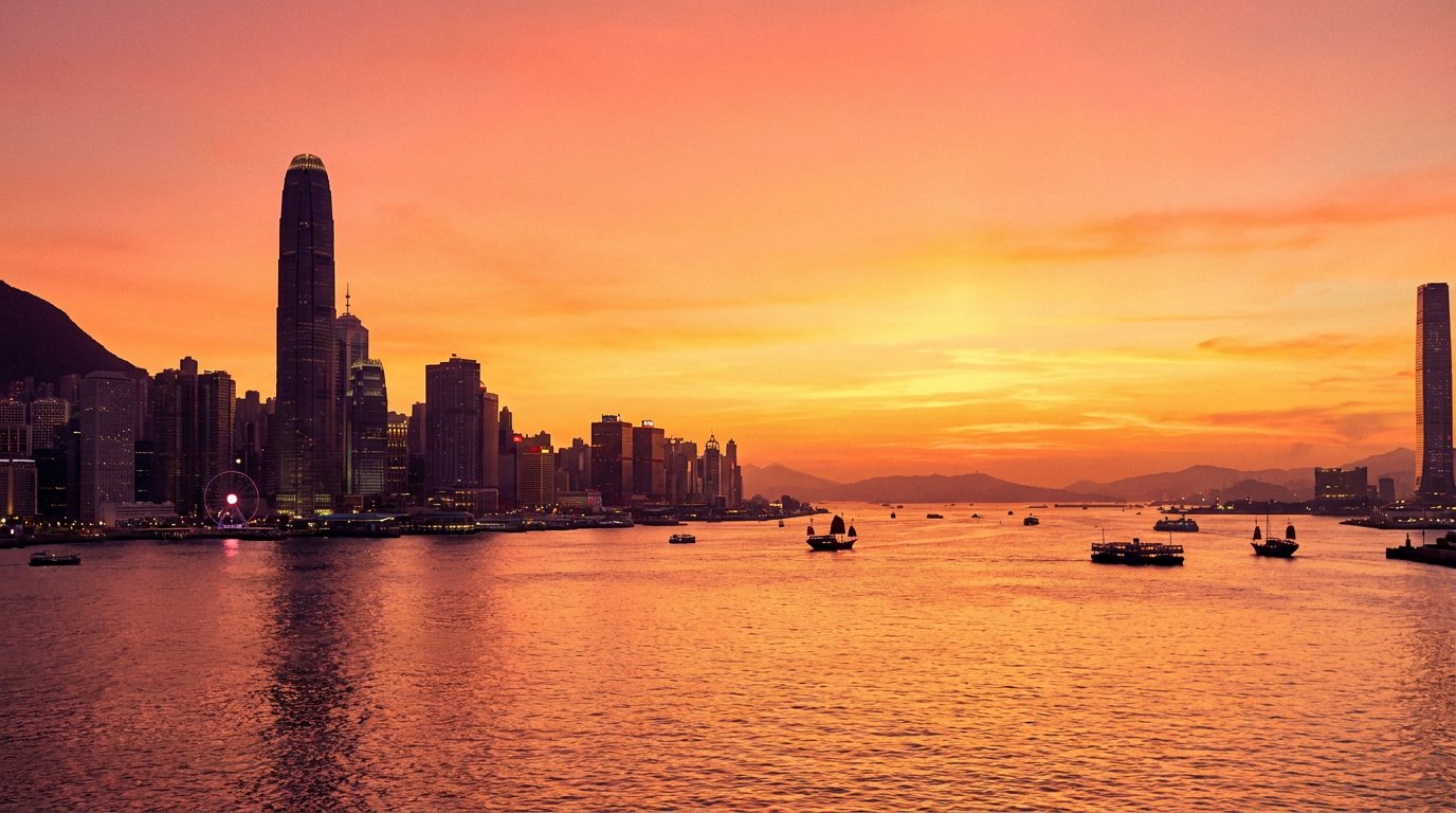 Hong Kong skyline and Victoria Harbour at sunset