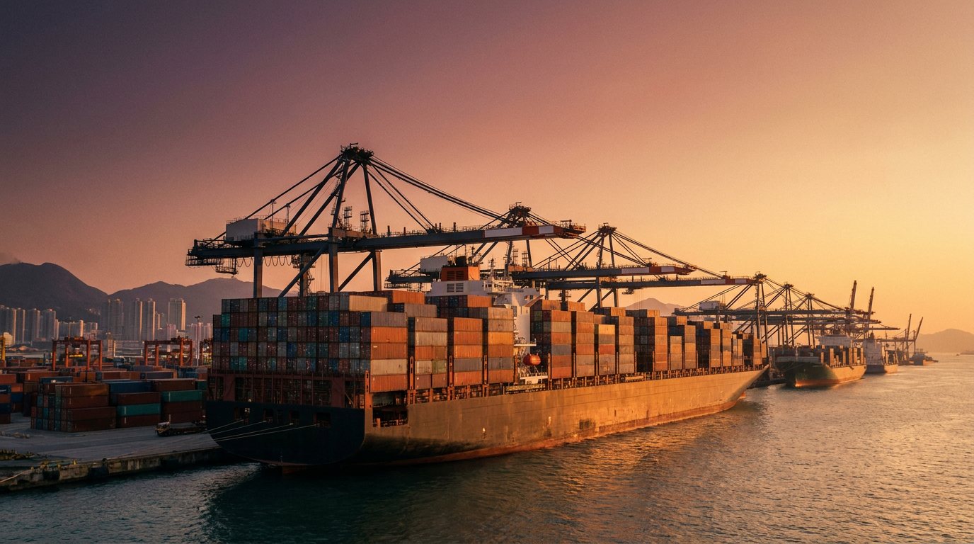 Hong Kong container port at sunset with cranes loading a cargo vessel