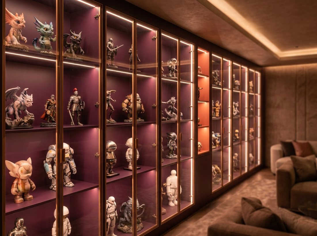 A premium collector's display wall of glass cabinets filled with figures and statues