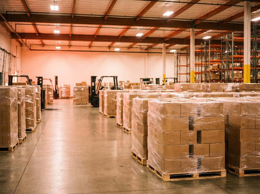 Consolidation area in an export warehouse with shrink-wrapped pallets of cartons