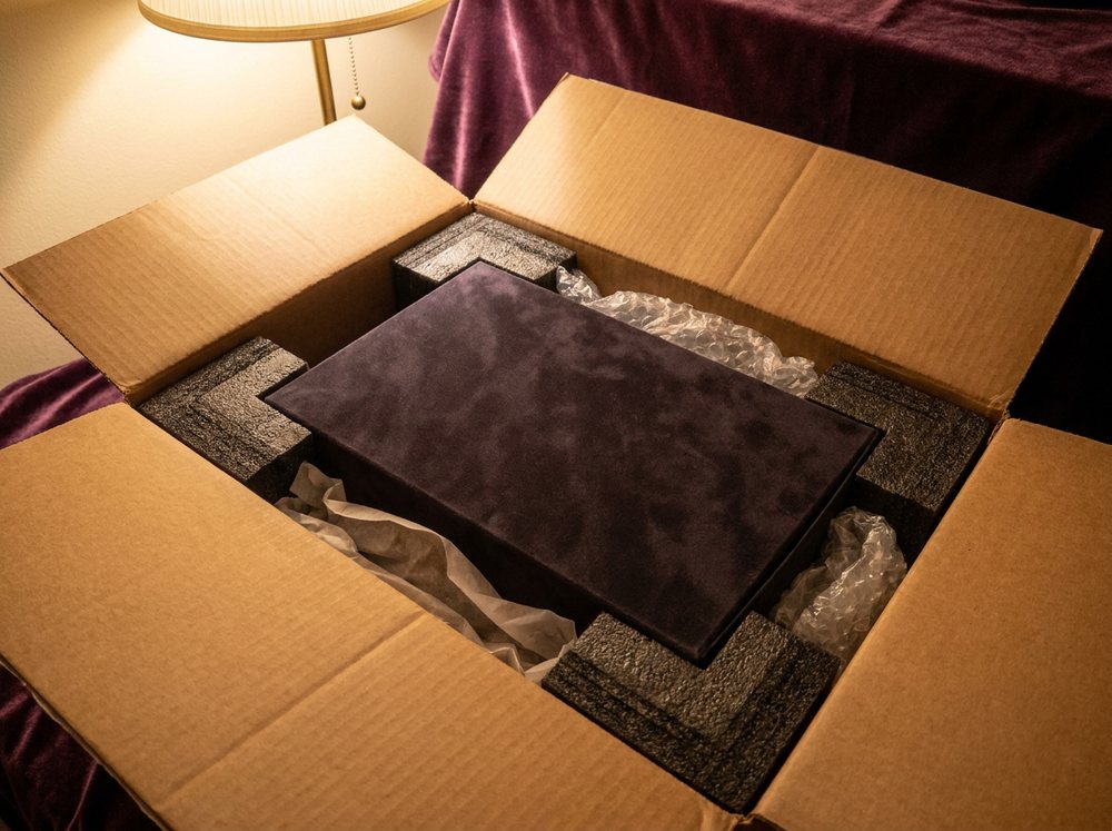 A collectible figure box nestled in custom foam inside a reinforced shipping carton