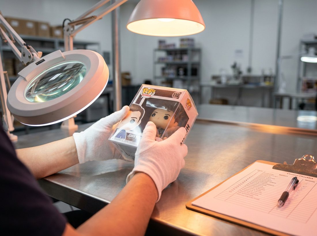 Gloved hands inspecting a boxed collectible figure for quality control