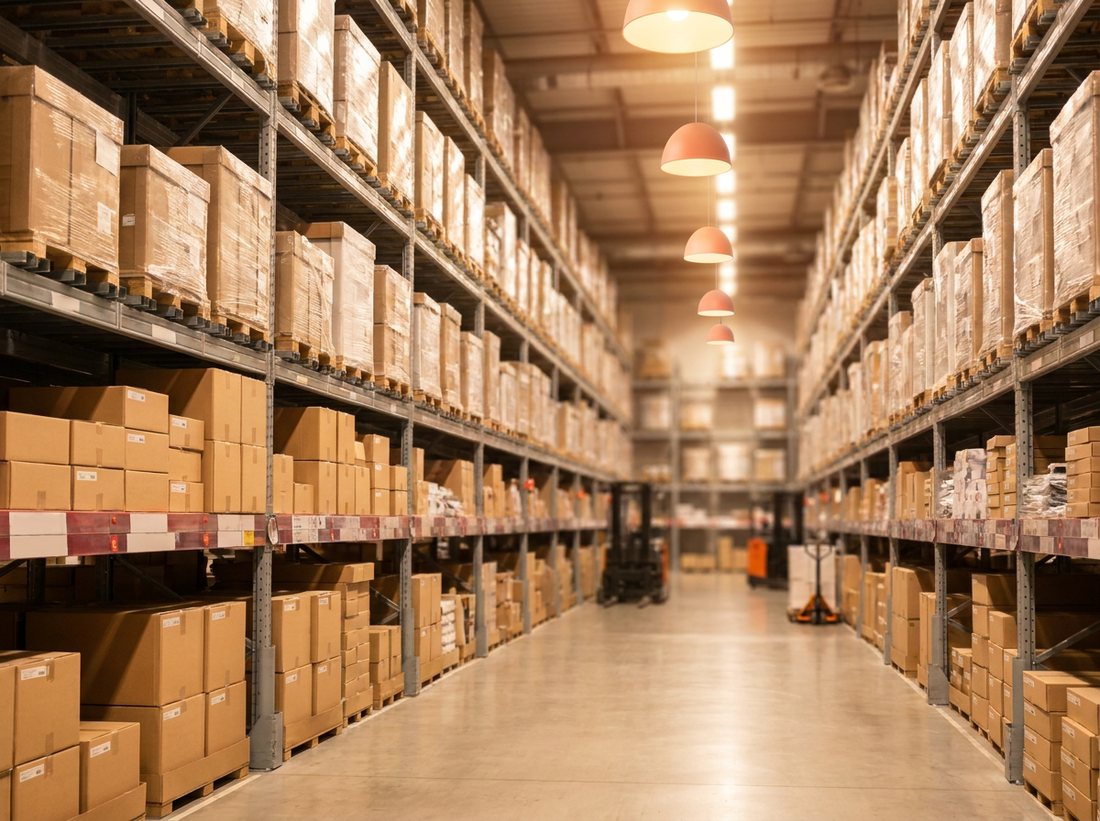 Warehouse aisle stacked with neatly boxed collectible cartons